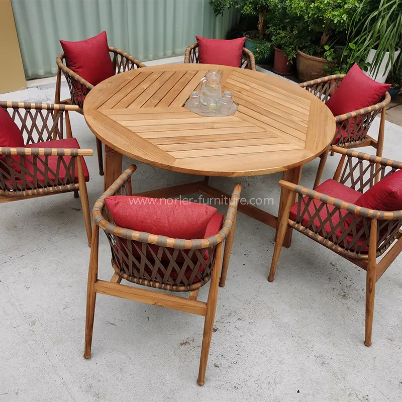 High-End Outdoor Teak Wood Frame Woven Belt Dining Set