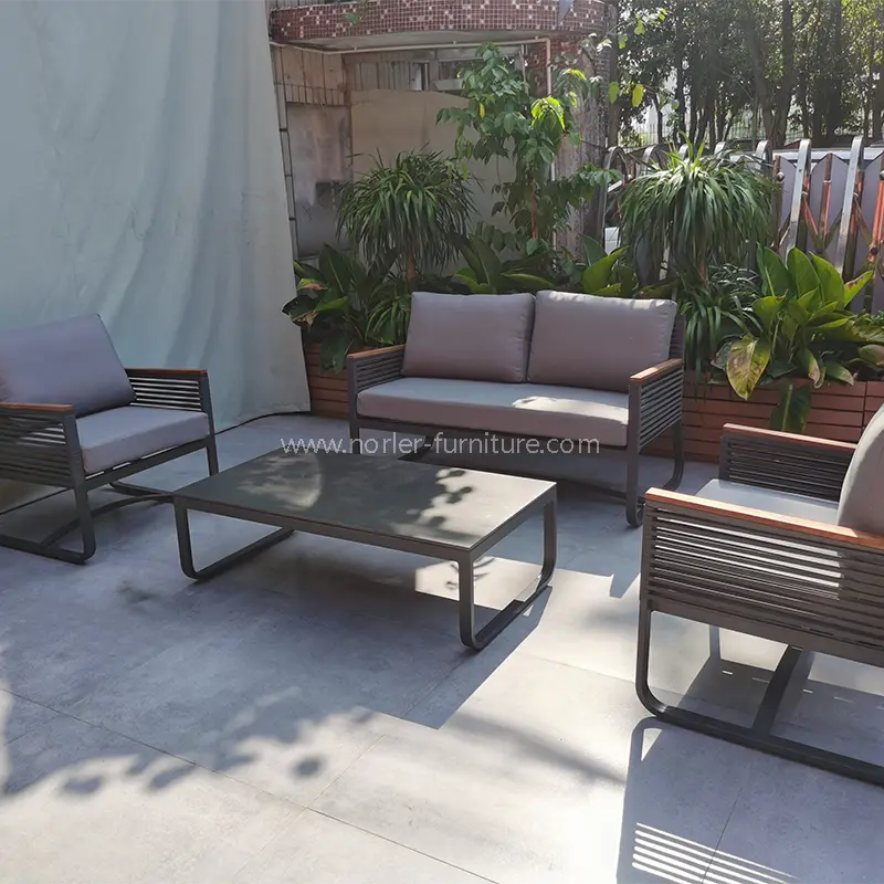 Newest Outdoor Aluminum Frame Teak Wood Armrest Sofa