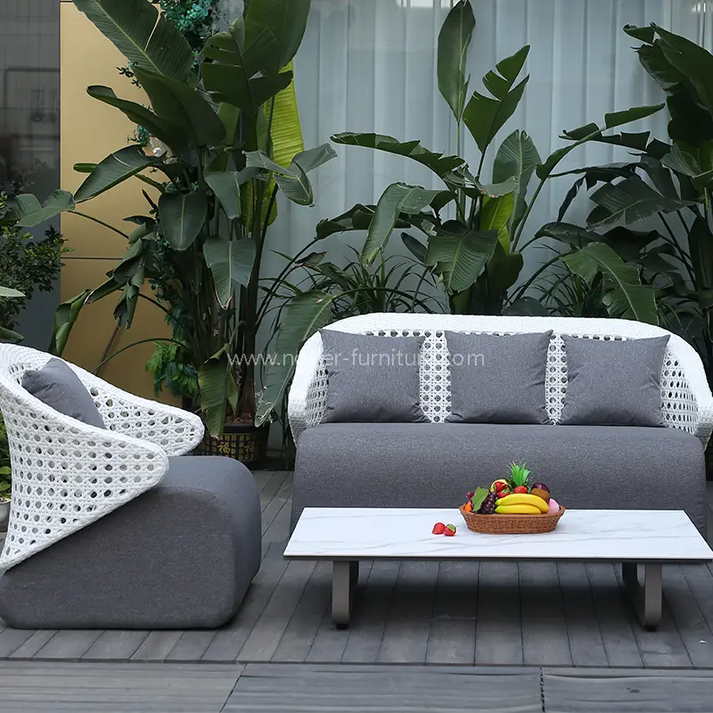 Outdoor Aluminum Frame White Hand Woven Rattan Backrest Sofa