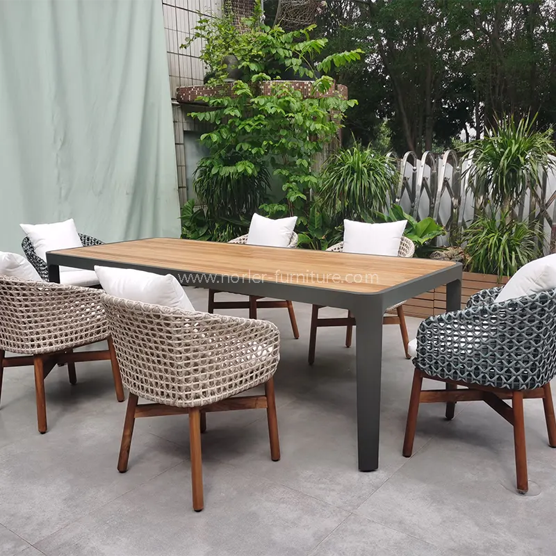 Outdoor Teak Aluminum Frame PE Rattan Dining Set
