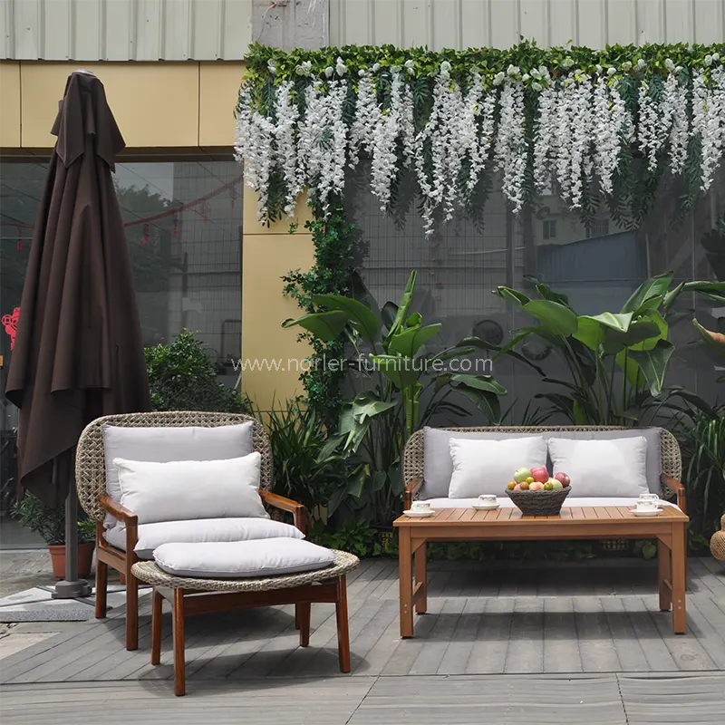 Outdoor Weather Resistant Teak Wood Rattan Sofa Set